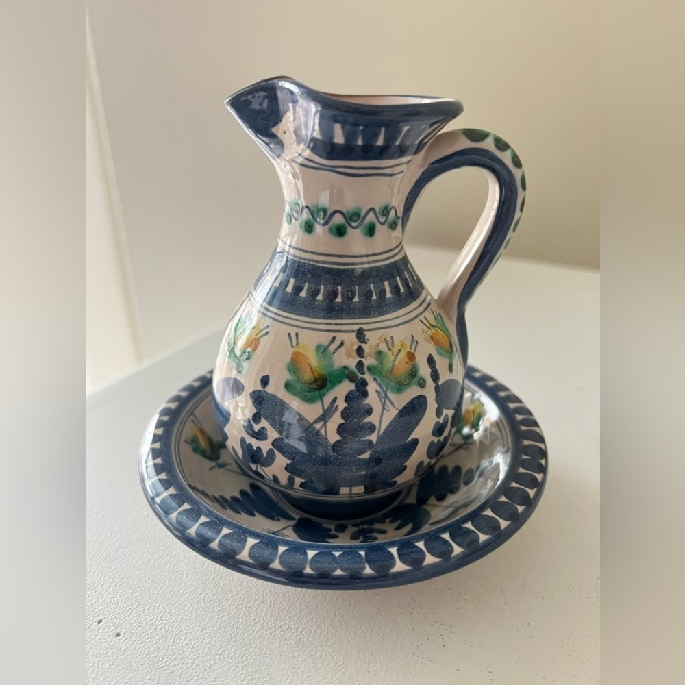 Vintage Cobalto y Cobre Pottery Spanish Tiny Pitcher Plate Collectible